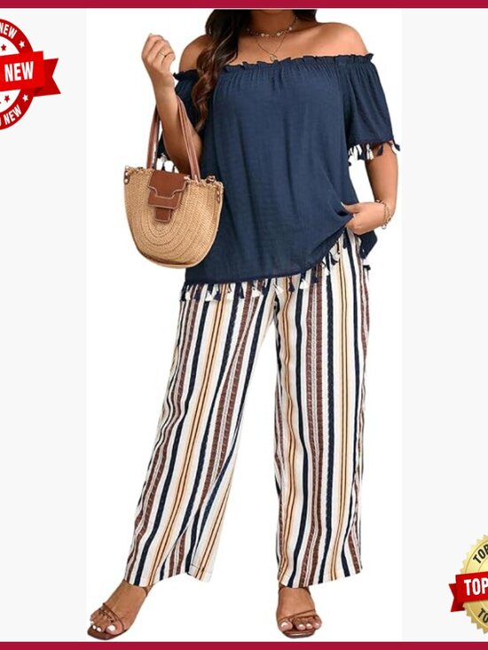 Pants - Plus Size Off Shoulder Blouse & Striped Pants Set, Lightweight Polyester